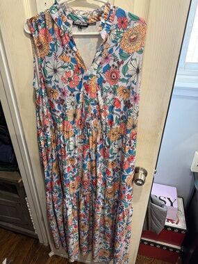 Tolani Sleeveless Floral Tiered Maxi Dress - White, Orange, Blue, Green